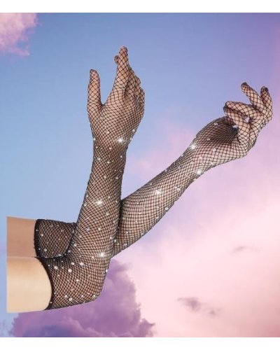 Gants longs en résille agrémentés de strass noir