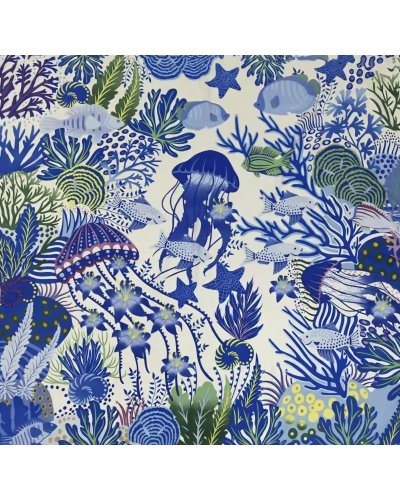 Grand foulard soie  (130 x 130 cm) Méduses bleues