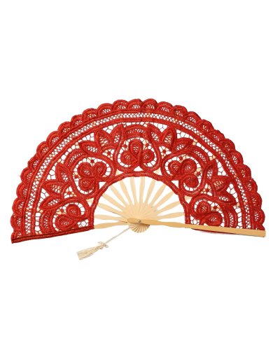 Éventail Brodé en Dentelle ROUGE