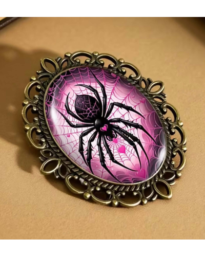 BROCHE Cabochon araignée rose